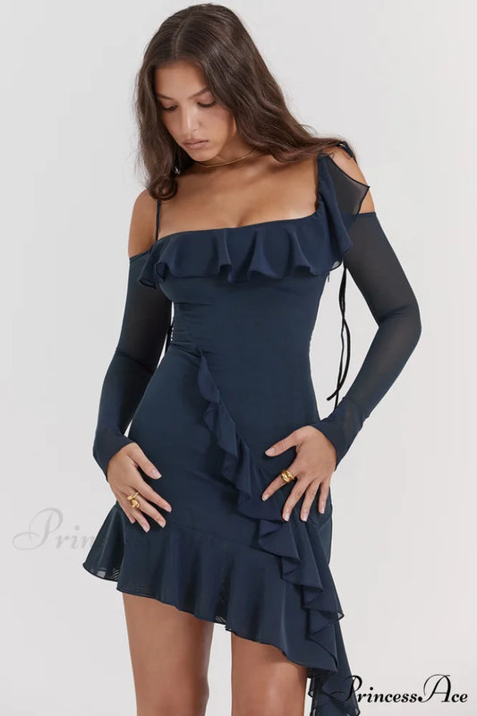 French Navy Stylish Ruffle Mini Dress