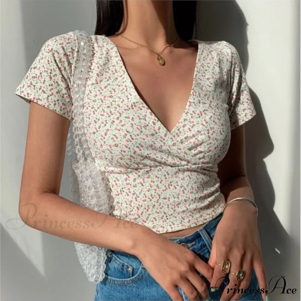French Retro Floral V-neck Short-sleeved T-shirt WHITE / S