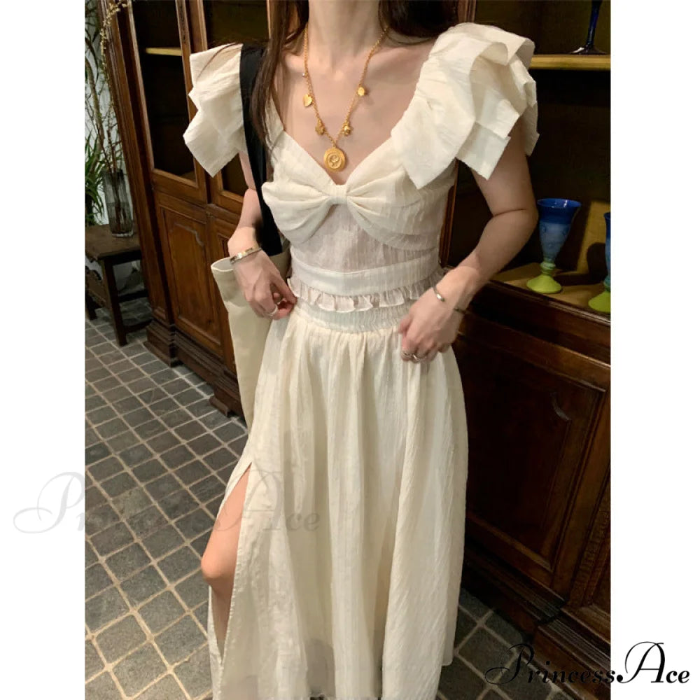 French Retro TwoPiece Dress with Bow L / White