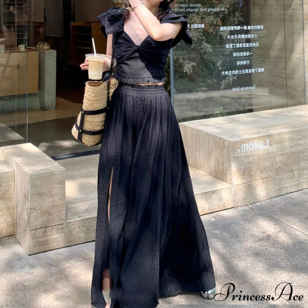 French Retro TwoPiece Dress with Bow M / Black