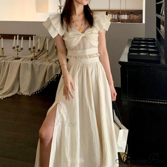 French Retro TwoPiece Dress with Bow S / Black
