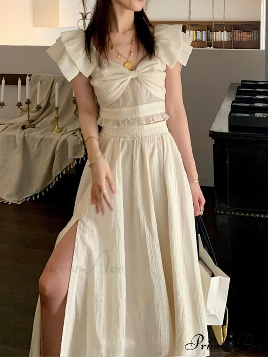 French Retro TwoPiece Dress with Bow S / White
