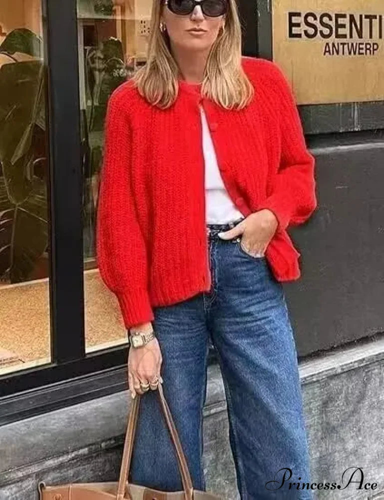 French Specialized Sturdy Relaxed Style Baggy Cardigan Red / S cardigans-241228