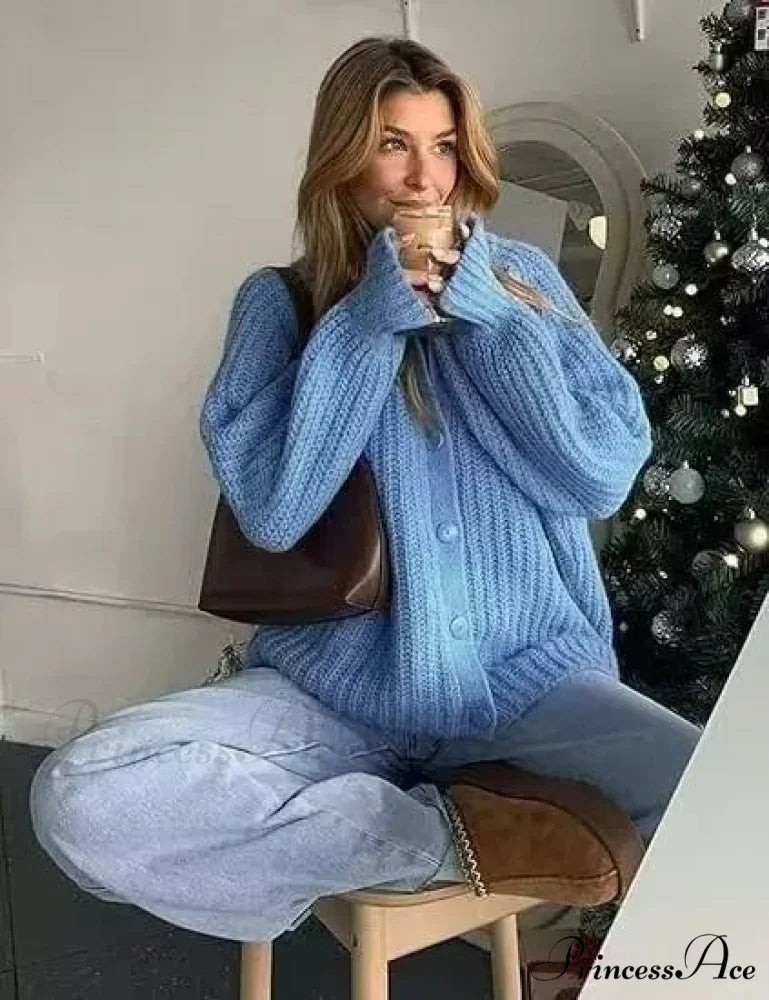 French Specialized Sturdy Relaxed Style Baggy Cardigan SKY BLUE / S cardigans-241228