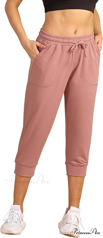 French Terry Jogger Lounge Sweatpants - Active Capri Pants Dusty Pink / Medium