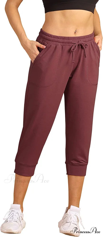 French Terry Jogger Lounge Sweatpants - Active Capri Pants Wine / Medium