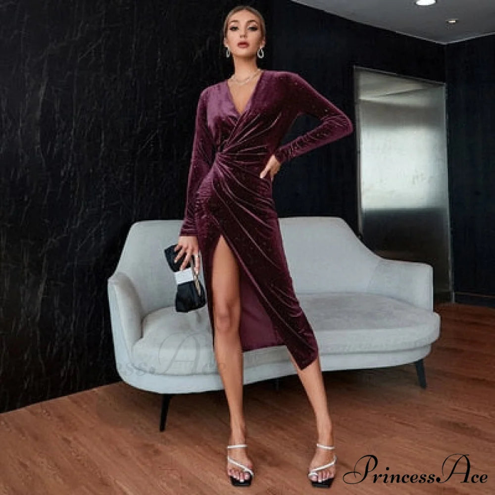 French V-Neck Long Sleeve Velvet Dresses Wine / S