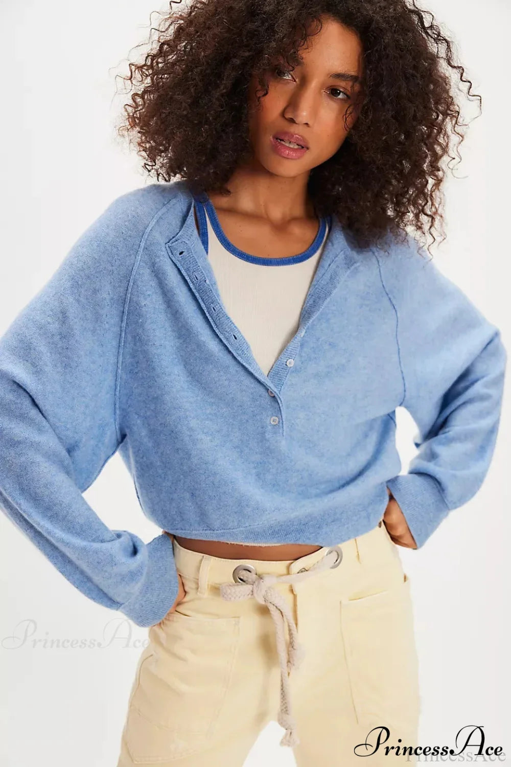 French Vintage Loose Long-Sleeve Knit Top Light blue / S