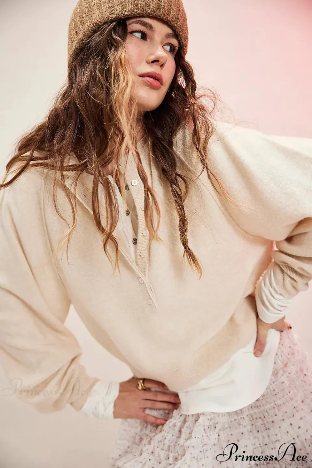 French Vintage Loose Long-Sleeve Knit Top Off-white / S