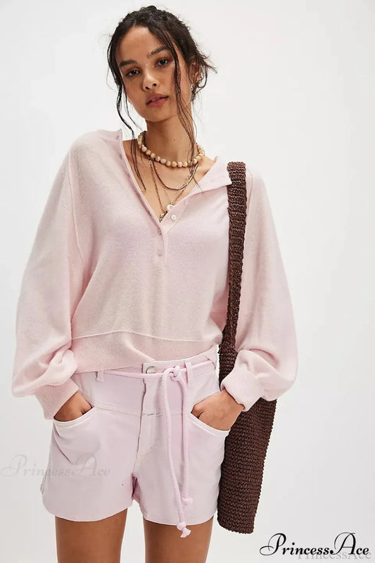 French Vintage Loose Long-Sleeve Knit Top Pink / S