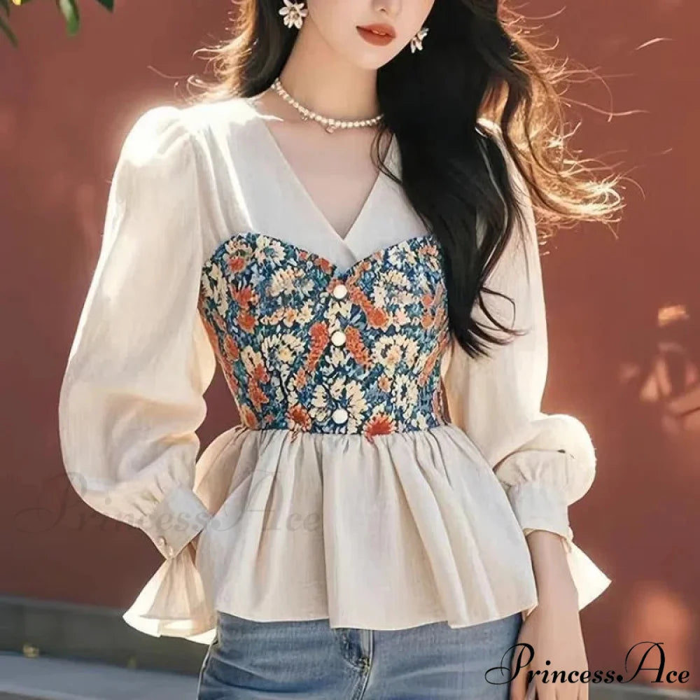 French Waist Tightened V-neck Two-Piece Blouse Beige / S blouse-250126
