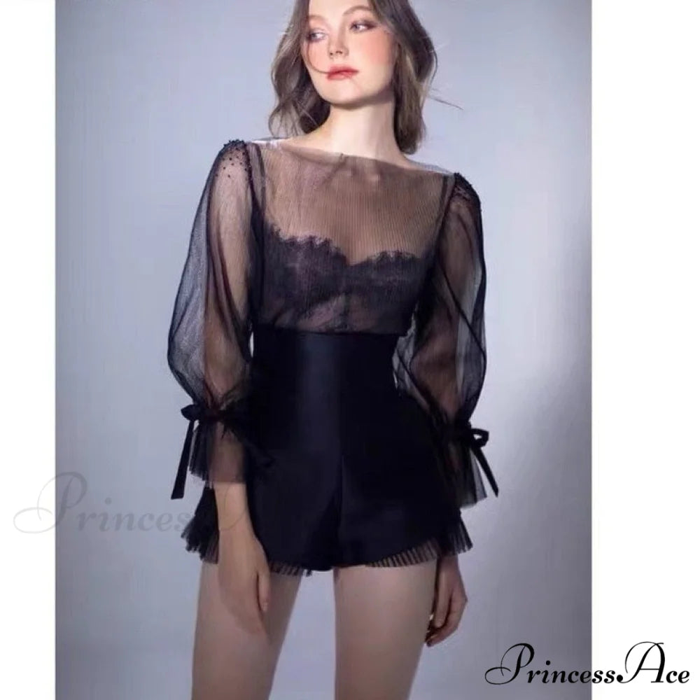 French Warm-Season Blouse Sling Retro Mujer Slimming Arm Blusas Women Mesh Sexy Top Long De Lace Shorts Elegant Set