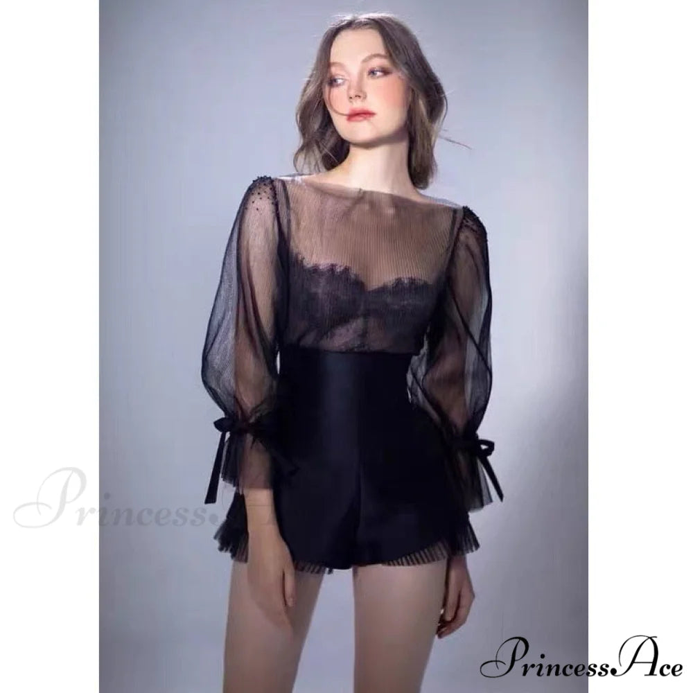 French Warm-Season Blouse Sling Retro Mujer Slimming Arm Blusas Women Mesh Sexy Top Long De Lace Shorts Elegant Set
