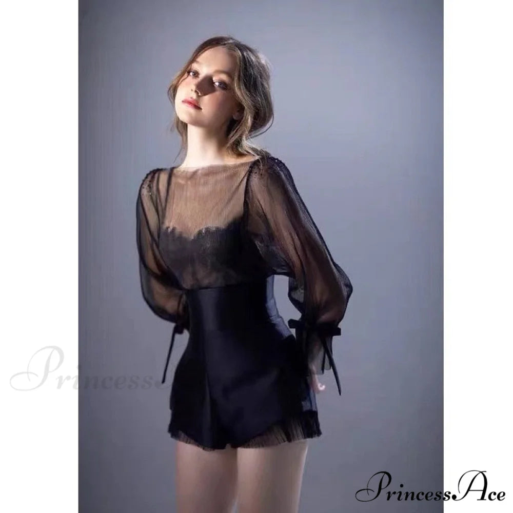 French Warm-Season Blouse Sling Retro Mujer Slimming Arm Blusas Women Mesh Sexy Top Long De Lace Shorts Elegant Set