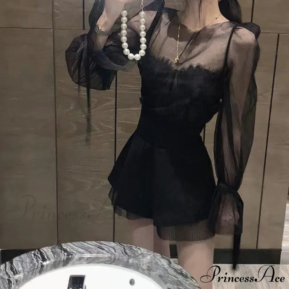 French Warm-Season Blouse Sling Retro Mujer Slimming Arm Blusas Women Mesh Sexy Top Long De Lace Shorts Elegant Set