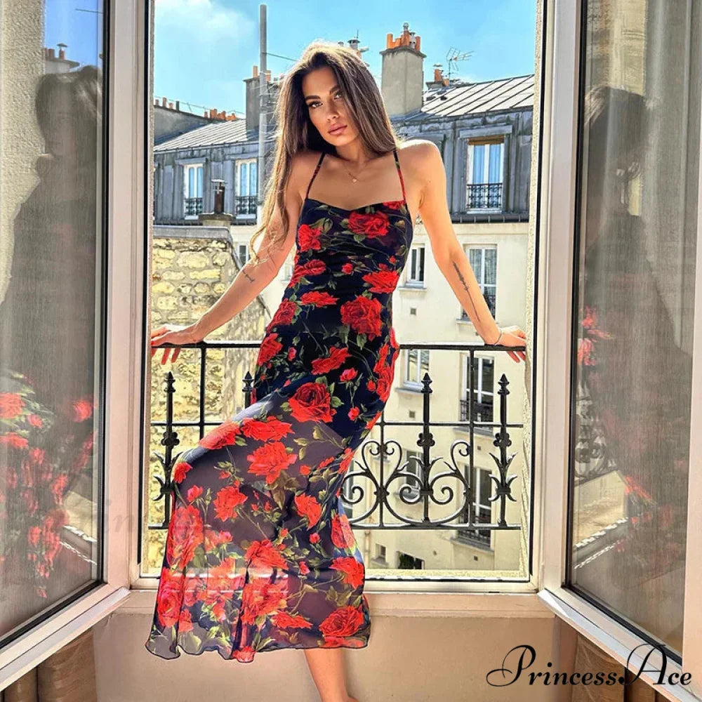 Fresh Rural Style Long SlimPrinted Suspended Spring/Summer Off Shoulder Floral Dress