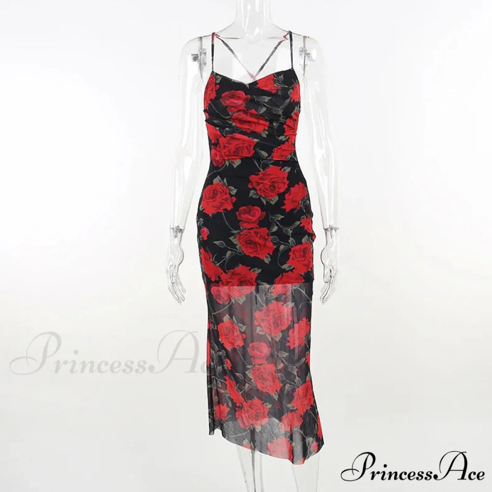 Fresh Rural Style Long SlimPrinted Suspended Spring/Summer Off Shoulder Floral Dress Red / S