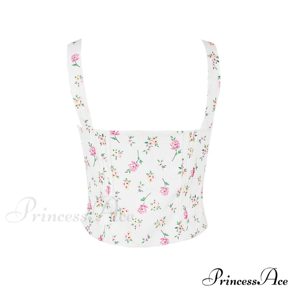 Fresh Tie Front Square Neck Frill Sophisticated Bustier Floral Printed Tank Top - Blue