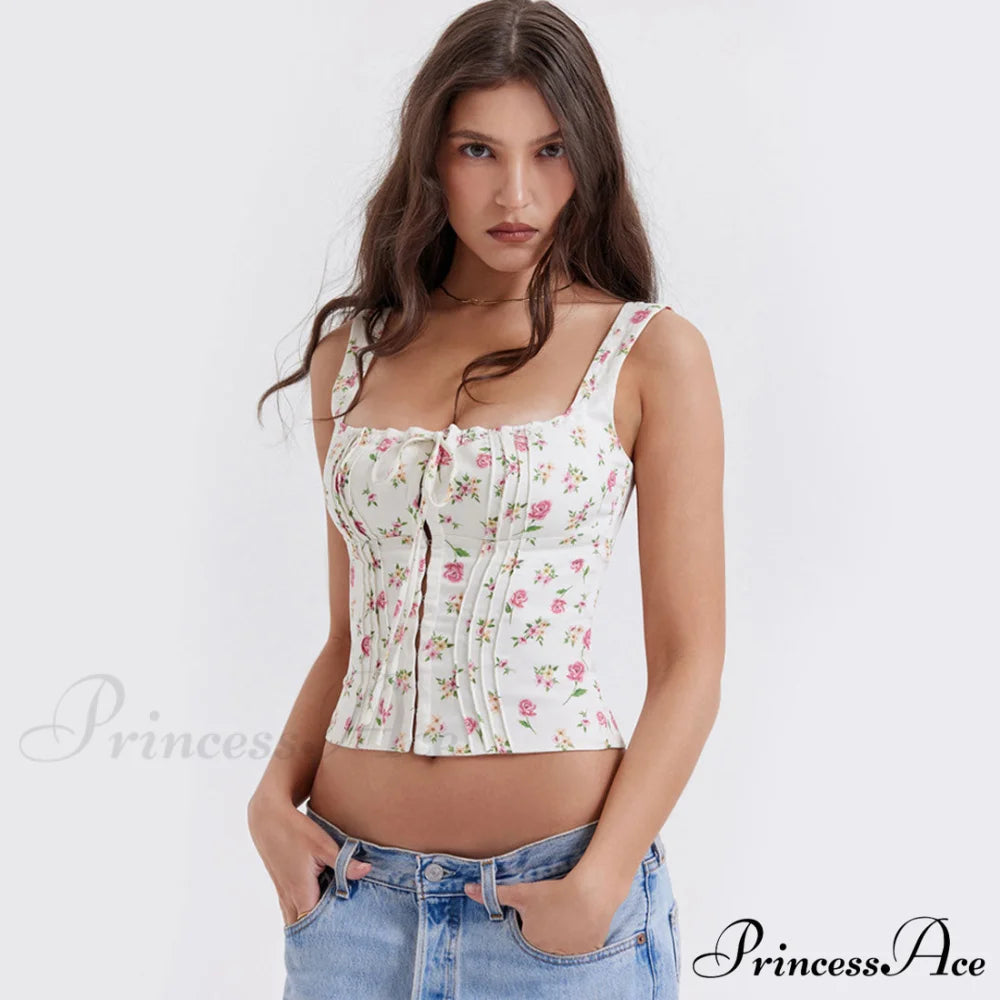 Fresh Tie Front Square Neck Frill Sophisticated Bustier Floral Printed Tank Top - Blue S / Pink