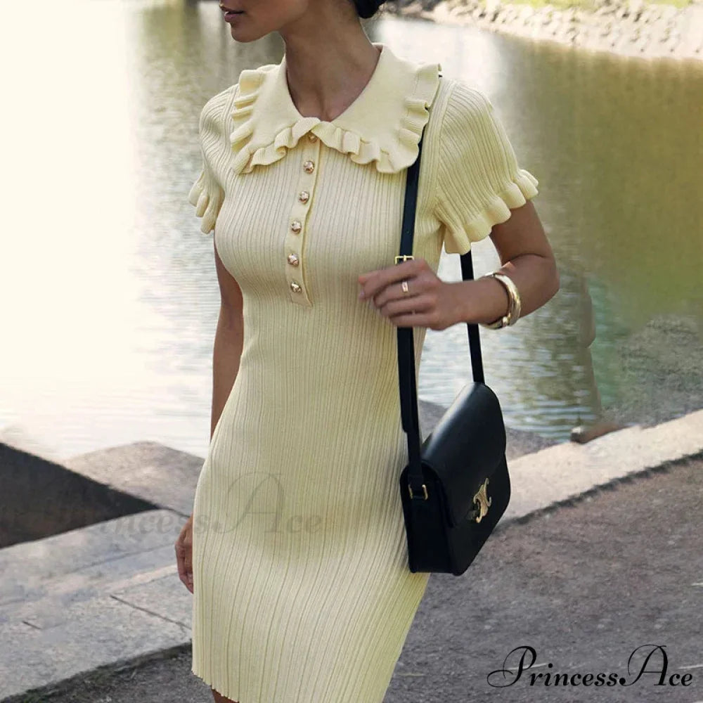 Frill Collar Short Charming Sleeve Mini Dress Yellow / S