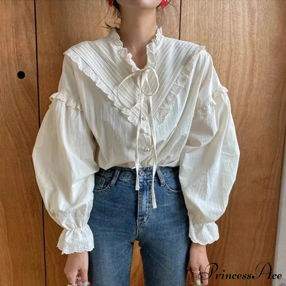 Frilled Antique Plain Extended Sleeve Bow Blouse blouse-250126