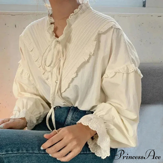 Frilled Antique Plain Extended Sleeve Bow Blouse blouse-250126