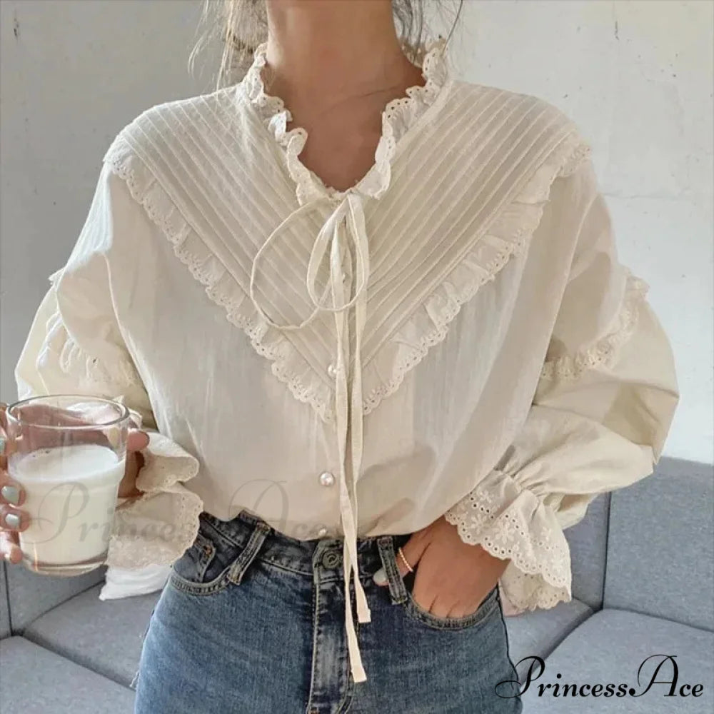 Frilled Antique Plain Extended Sleeve Bow Blouse blouse-250126