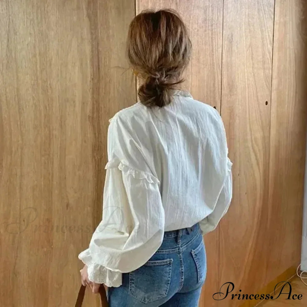 Frilled Antique Plain Extended Sleeve Bow Blouse blouse-250126
