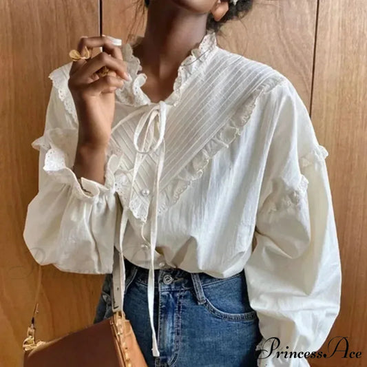 Frilled Antique Plain Extended Sleeve Bow Blouse WHITE / S blouse-250126