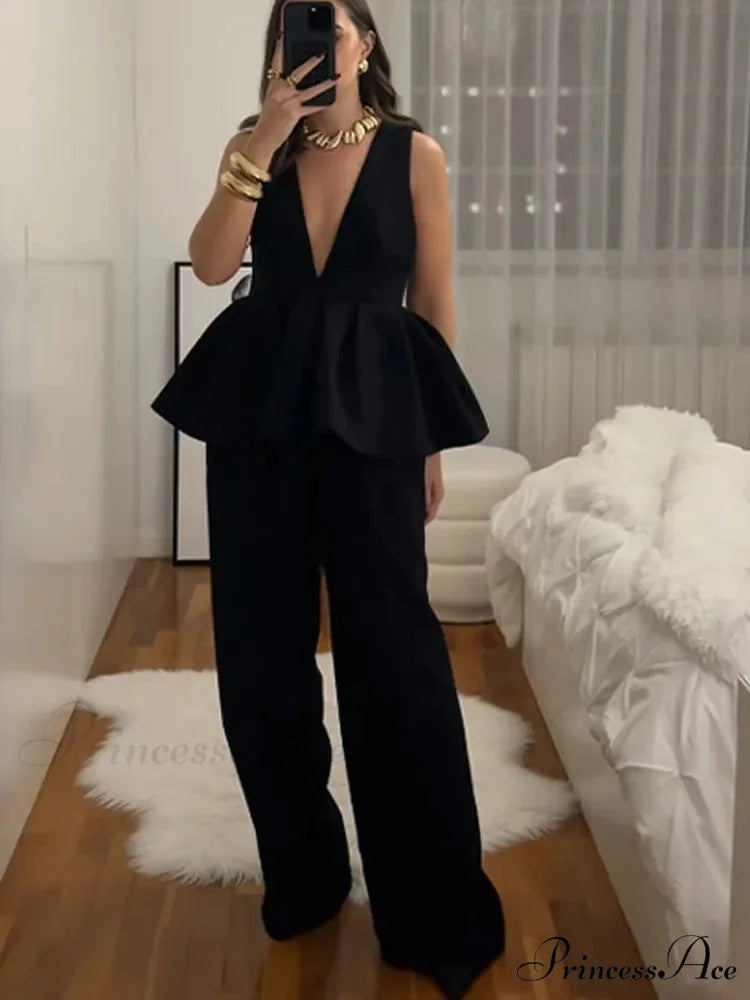 Frilled Border Plunging Neckline Relaxed Fit Office Two Piece Set black tank top / S officetwopieceset-250223