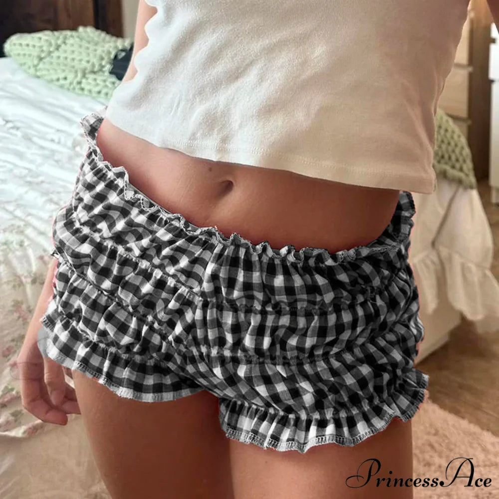 Frilled Checked Stretchy Waist Short black / S short-250223