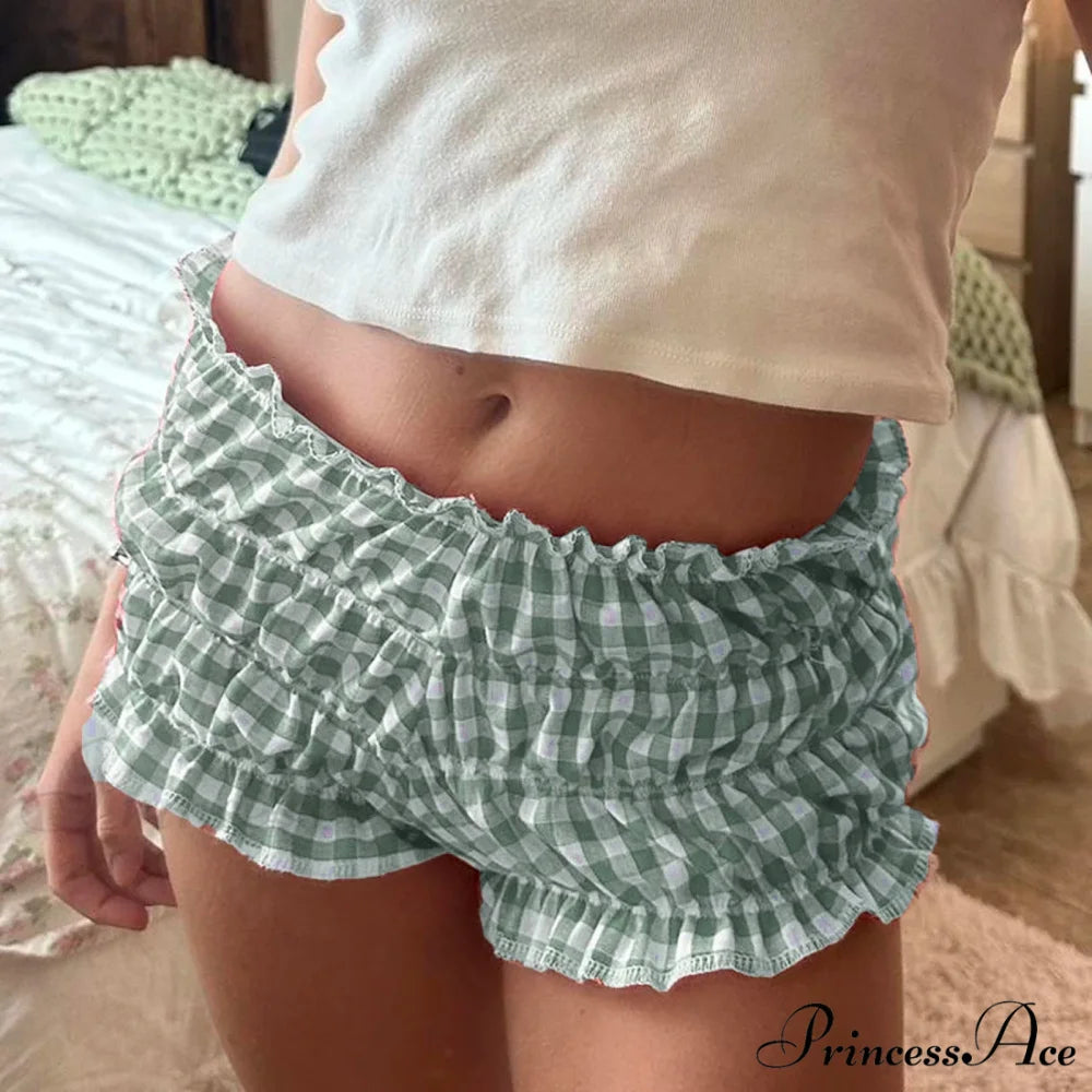 Frilled Checked Stretchy Waist Short green / S short-250223