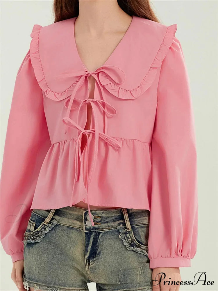 Frilled Declining Neck Fastened Blouse blouse-250223