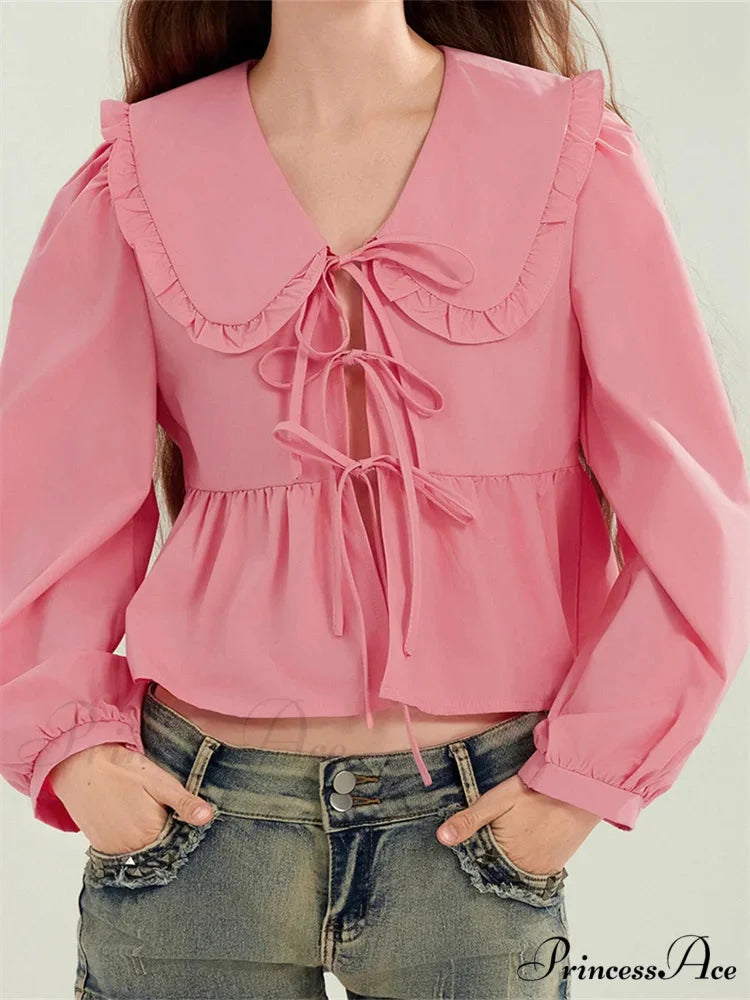 Frilled Declining Neck Fastened Blouse blouse-250223