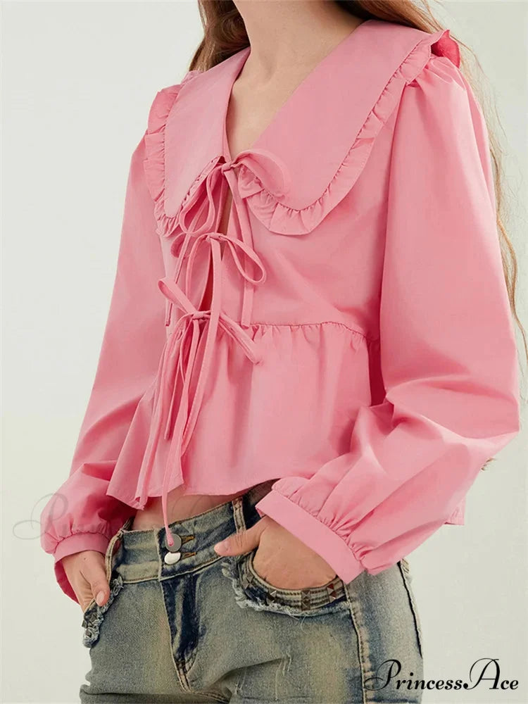 Frilled Declining Neck Fastened Blouse blouse-250223