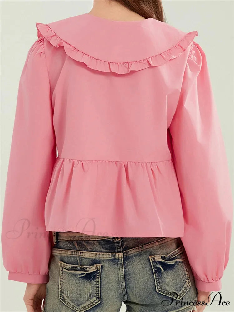 Frilled Declining Neck Fastened Blouse blouse-250223