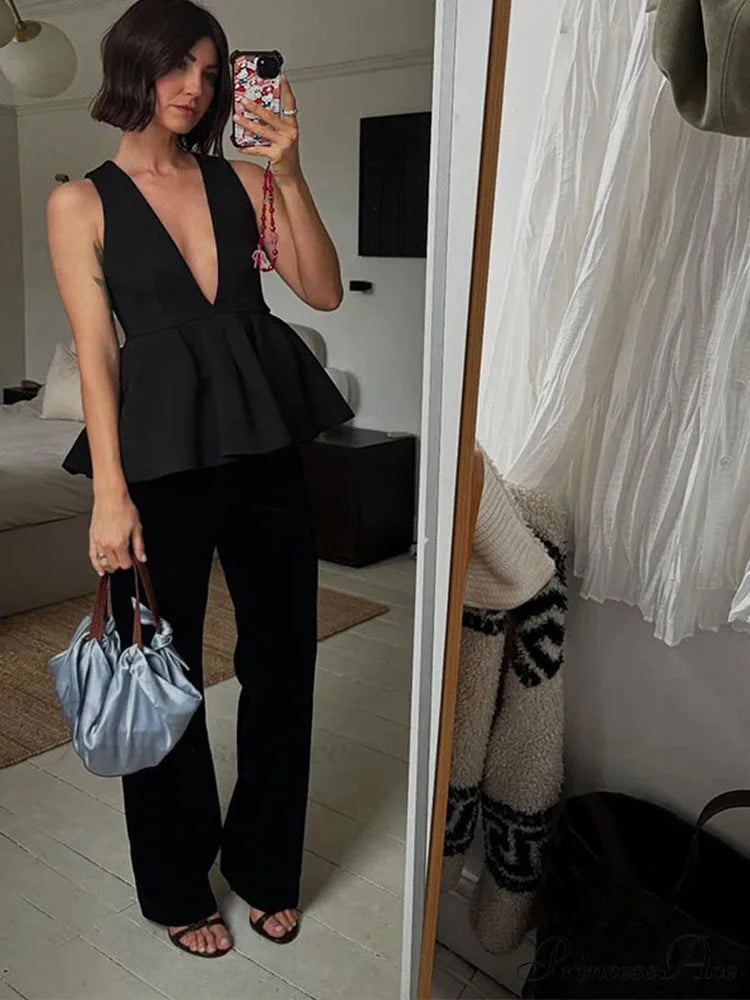 Frilled Hem V-Neck Harem Trousers Workplace Two Piece Set officetwopieceset-250223