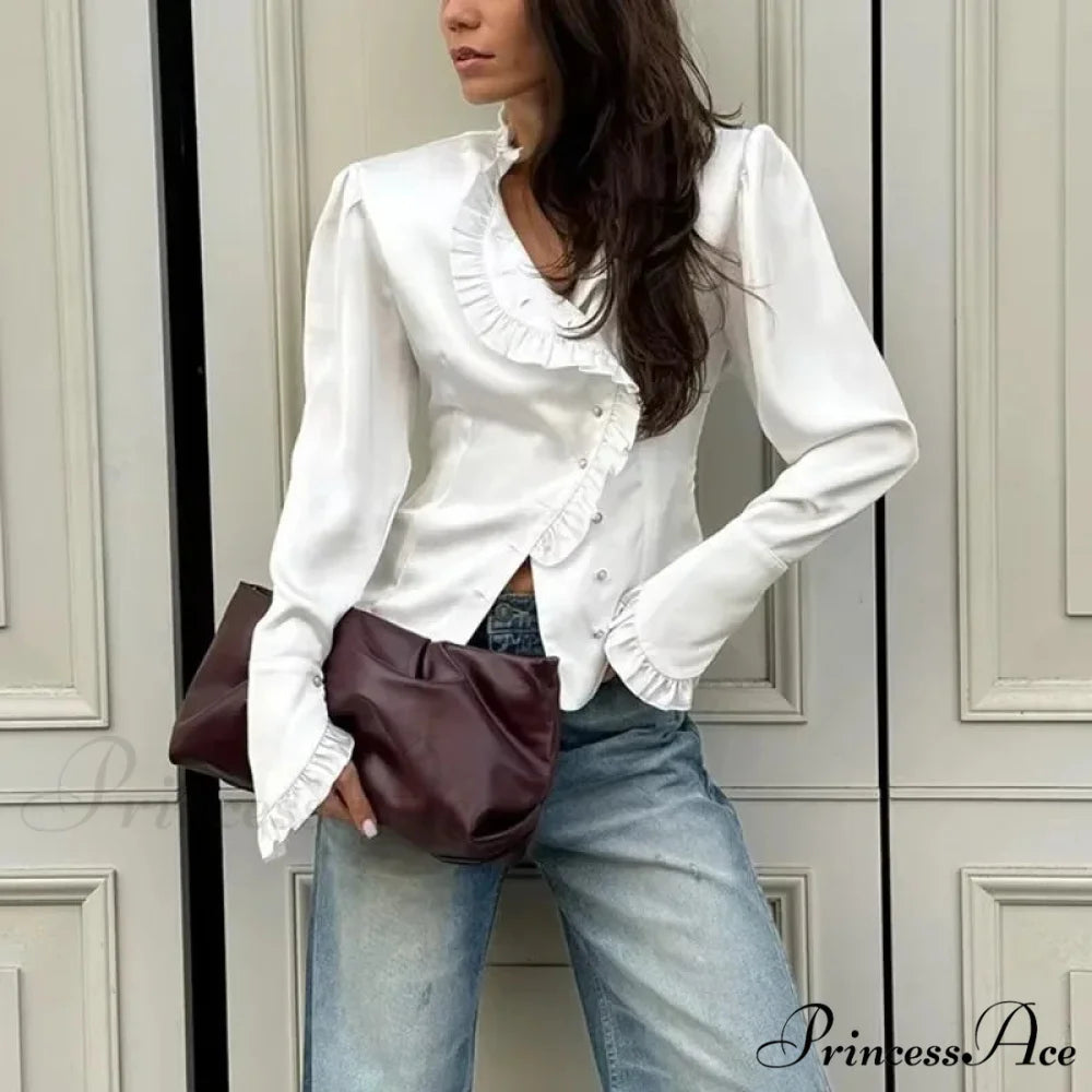 Frilled Ivory Extended Sleeve Top blouse-250223