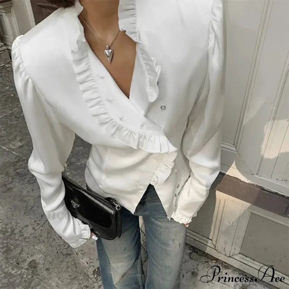 Frilled Ivory Extended Sleeve Top blouse-250223