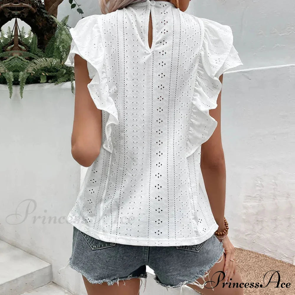 Frilled Lace Round-neck Butterfly Sleeve Informal Blouse blouse-250126