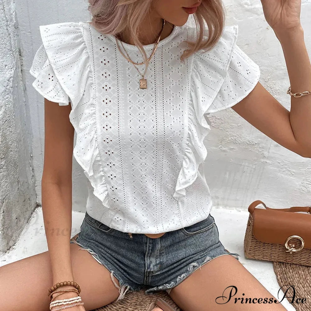 Frilled Lace Round-neck Butterfly Sleeve Informal Blouse blouse-250126