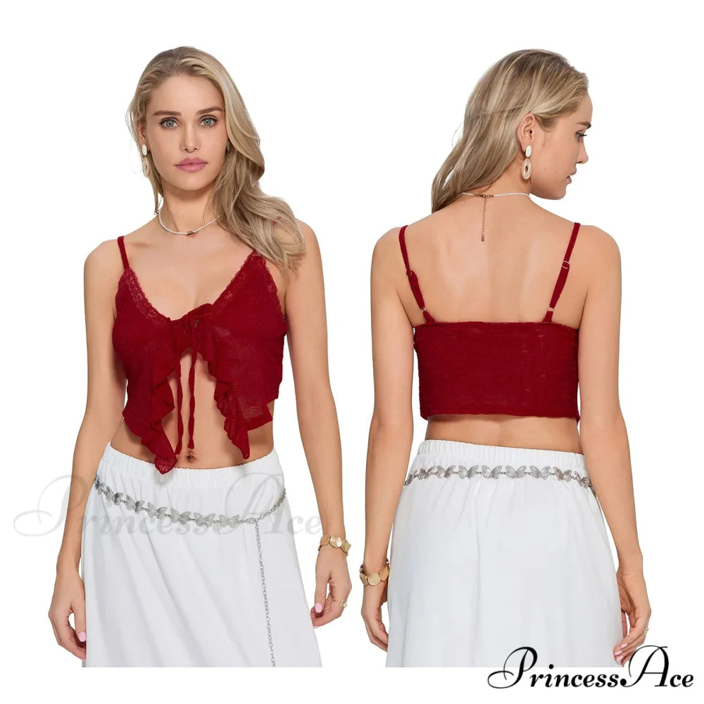 Frilled Lace Trim Short Top Red / S croptop-250223
