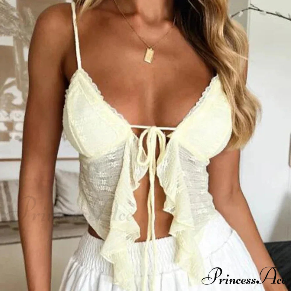 Frilled Lace Trim Short Top Yellow / S croptop-250223