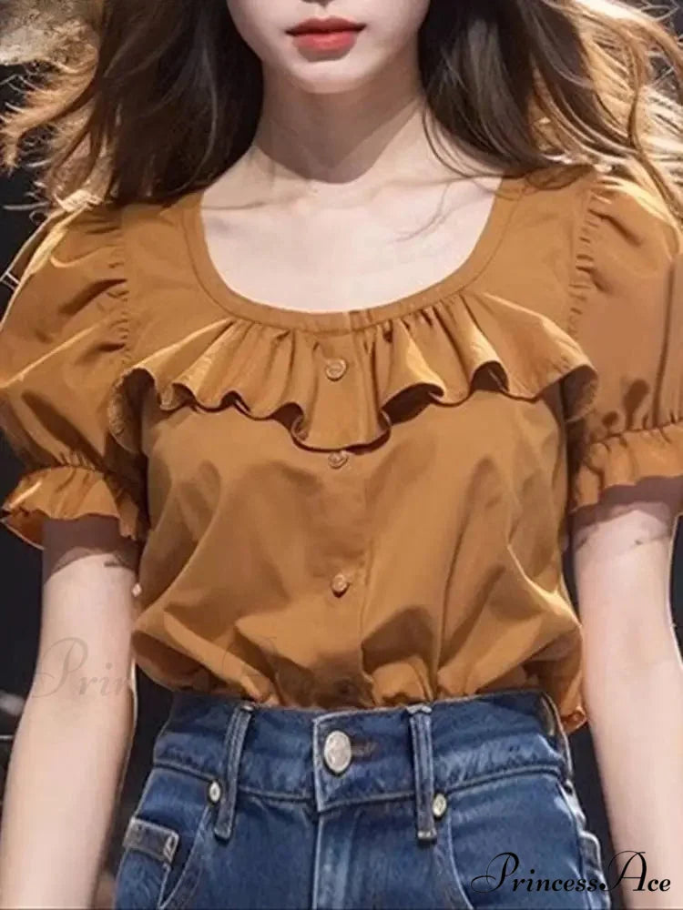 Frilled Monochrome Puff Sleeve Informal Tunic Blouse blouse-250126