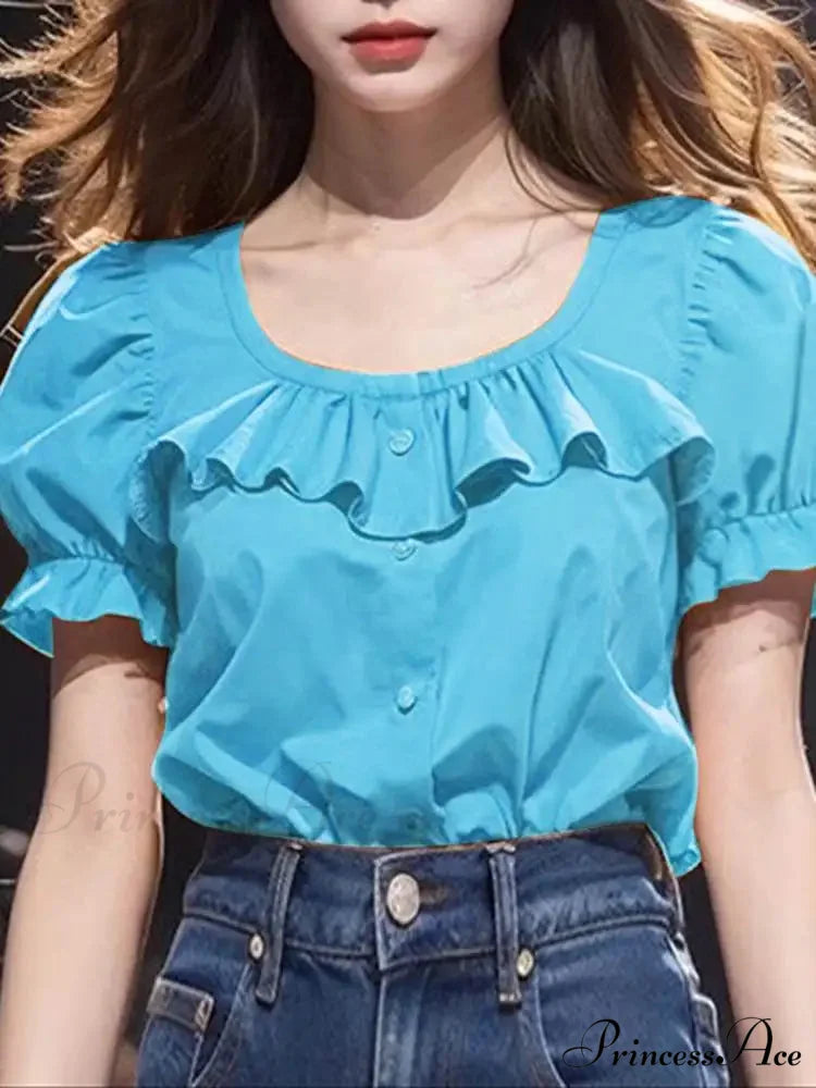 Frilled Monochrome Puff Sleeve Informal Tunic Blouse Blue / S blouse-250126