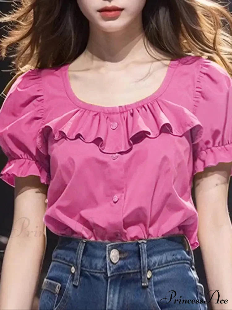 Frilled Monochrome Puff Sleeve Informal Tunic Blouse Dark Pink / S blouse-250126