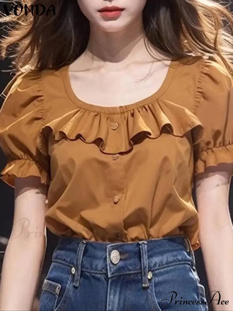 Frilled Monochrome Puff Sleeve Informal Tunic Blouse Khaki / S blouse-250126