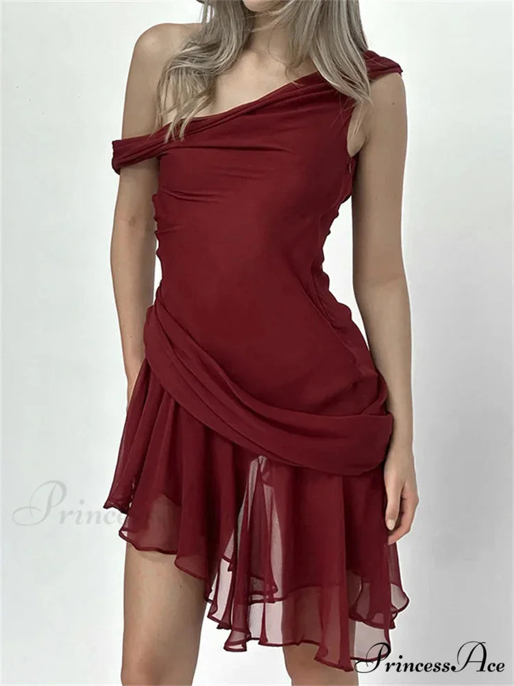 Frilled Net Patchwork Mini Dress Red / S minidress-250223