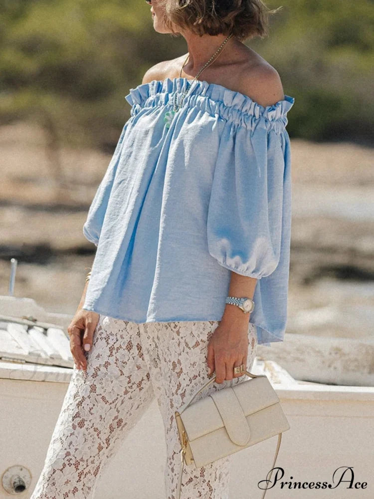 Frilled Off-Shoulder Monochrome Style Blouse blue / S blouse-250126