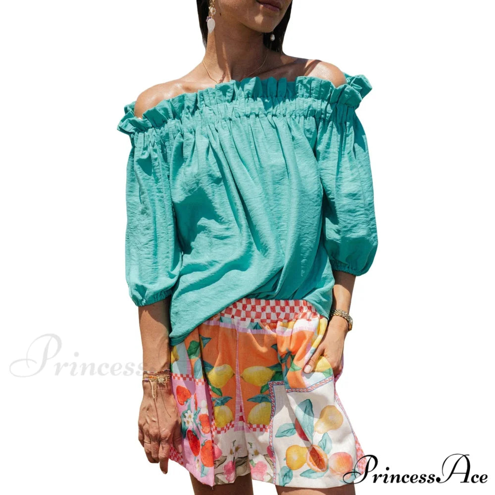 Frilled Off-Shoulder Monochrome Style Blouse green / S blouse-250126